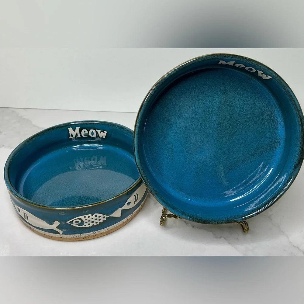 2 Spectrum Designs Pet Bowls Dishes Meow Ceramic Cat Faces 4.9 Dark Blue New